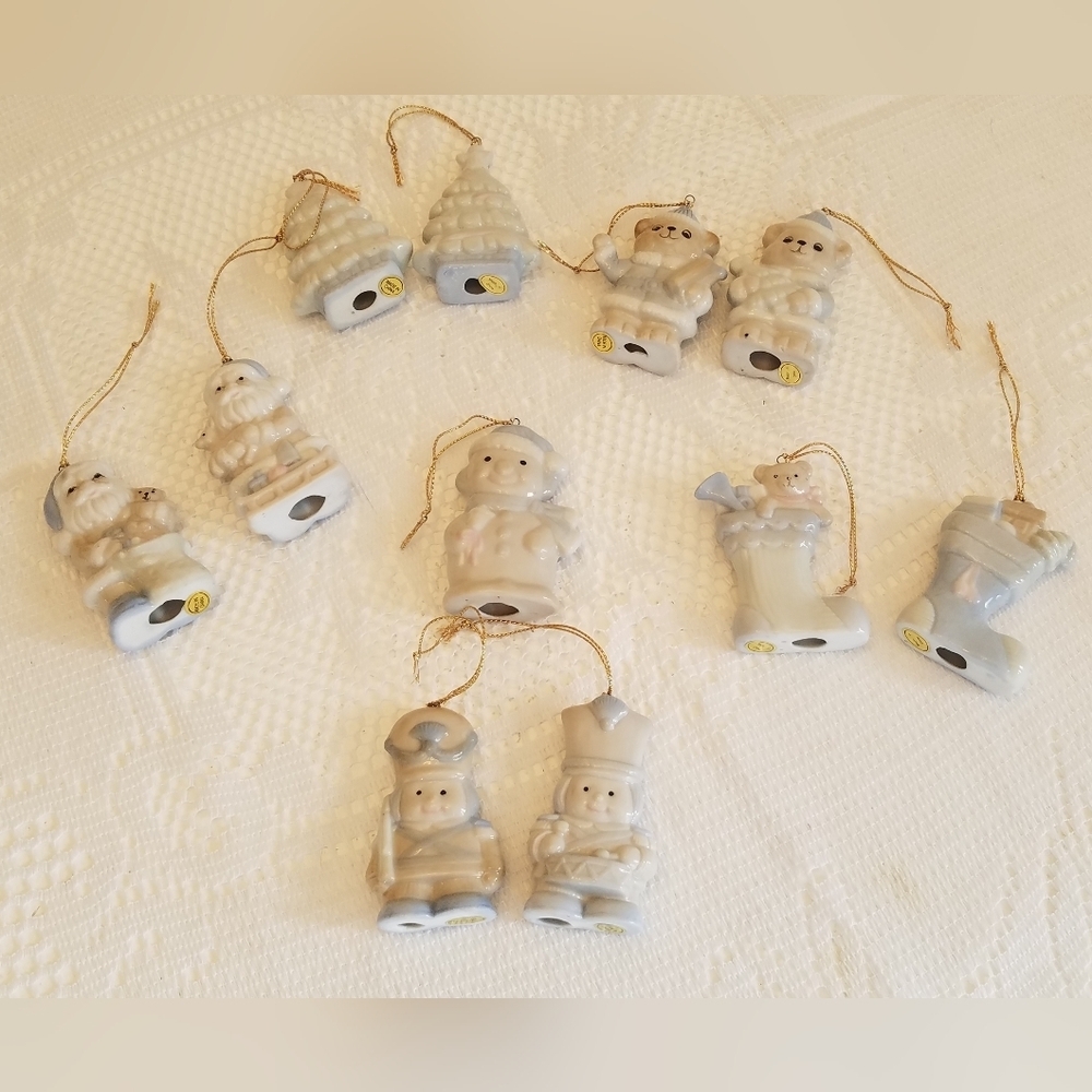Lot 11 Porcelain Christmas Ornaments Blue White Santa Bears Toy Soldiers Trees